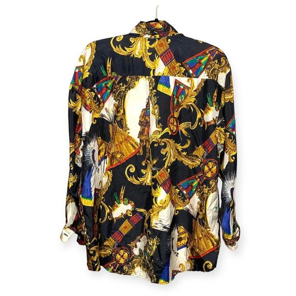 Tribes for her vintage 100% silk long sleeve print button down blouse native S - Picture 7 of 7
